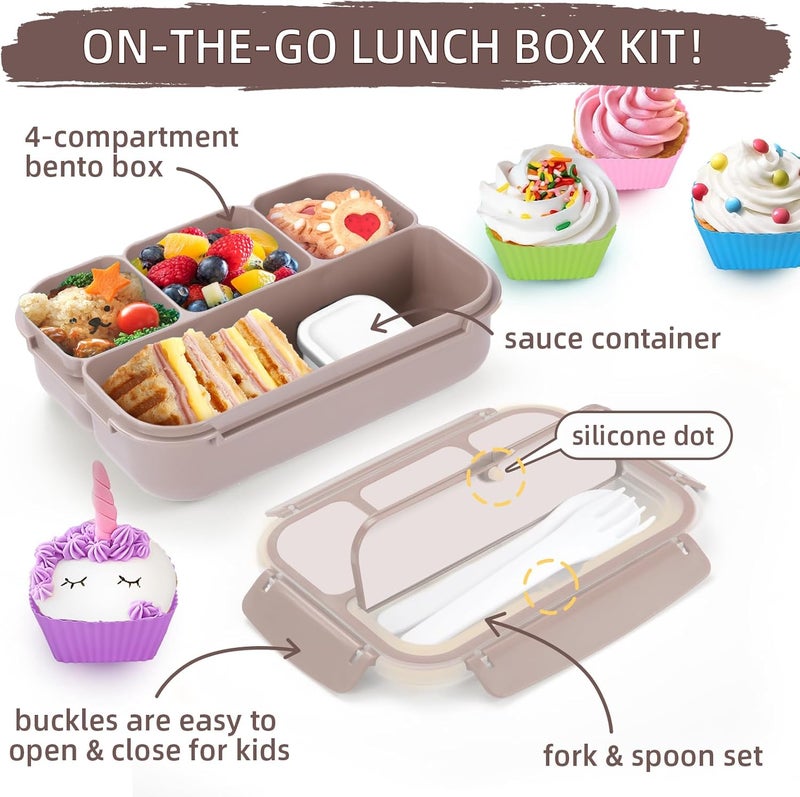 QQKO Bento Box Adult Lunch Box, Lunch Containers for Adults Men Women, Kids Lunch Boxes for School with 4 Compartments, Sauce Container, Utensils and Muffin Cups, Brown - Image 3